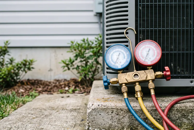 Sample photo: refrigerant gauges connected to an outdoor unit