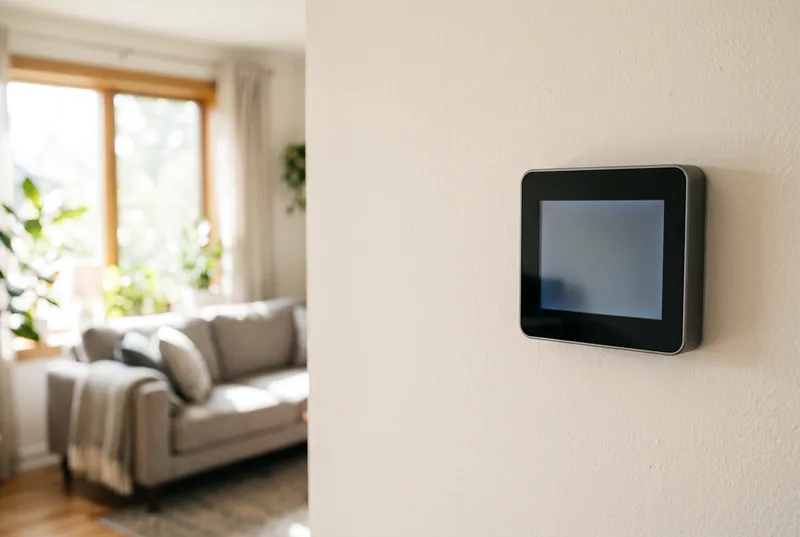 Sample photo: a smart thermostat on an inside living-room wall
