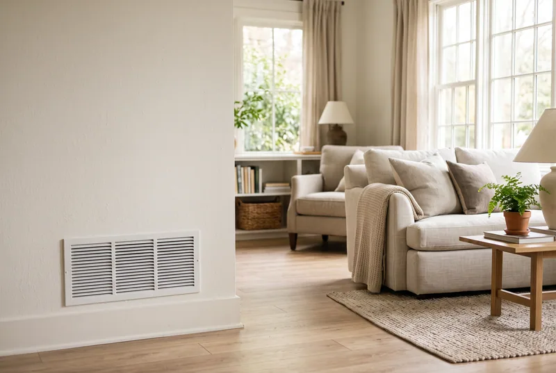 Sample photo: a warm living room with a floor vent after the new furnace went in