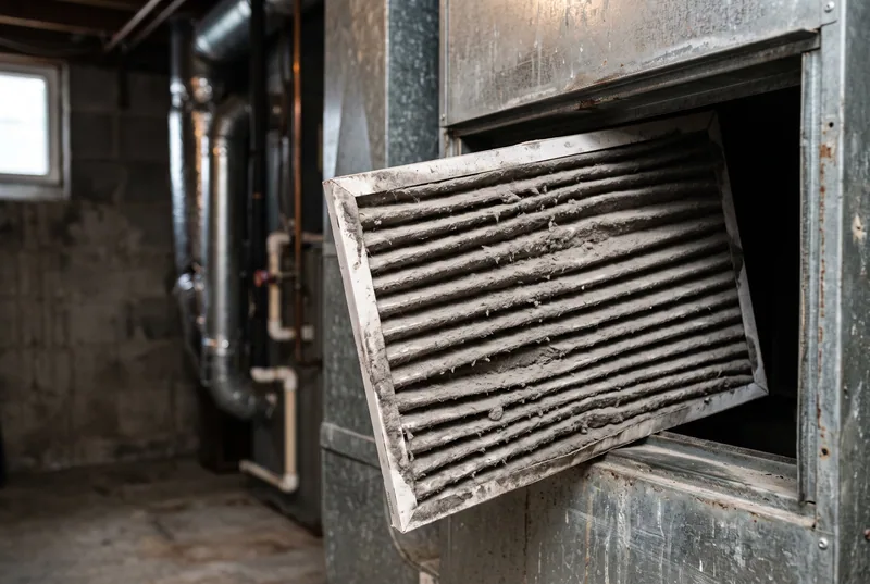 Sample photo: a clogged furnace filter pulled partway out
