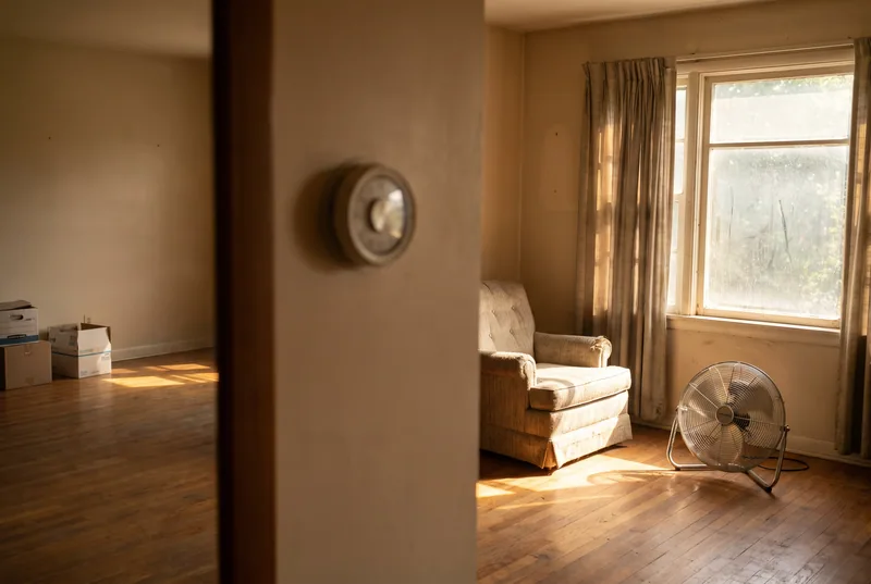 Sample photo: a warm living room with a fan running