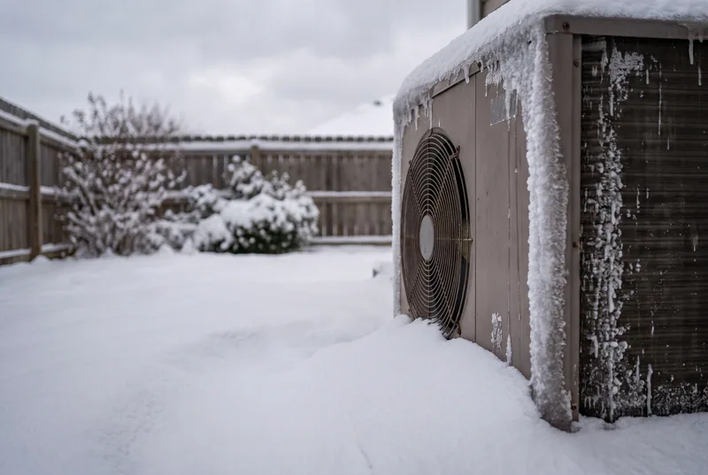 Sample photo: an outdoor heat pump half buried in snow